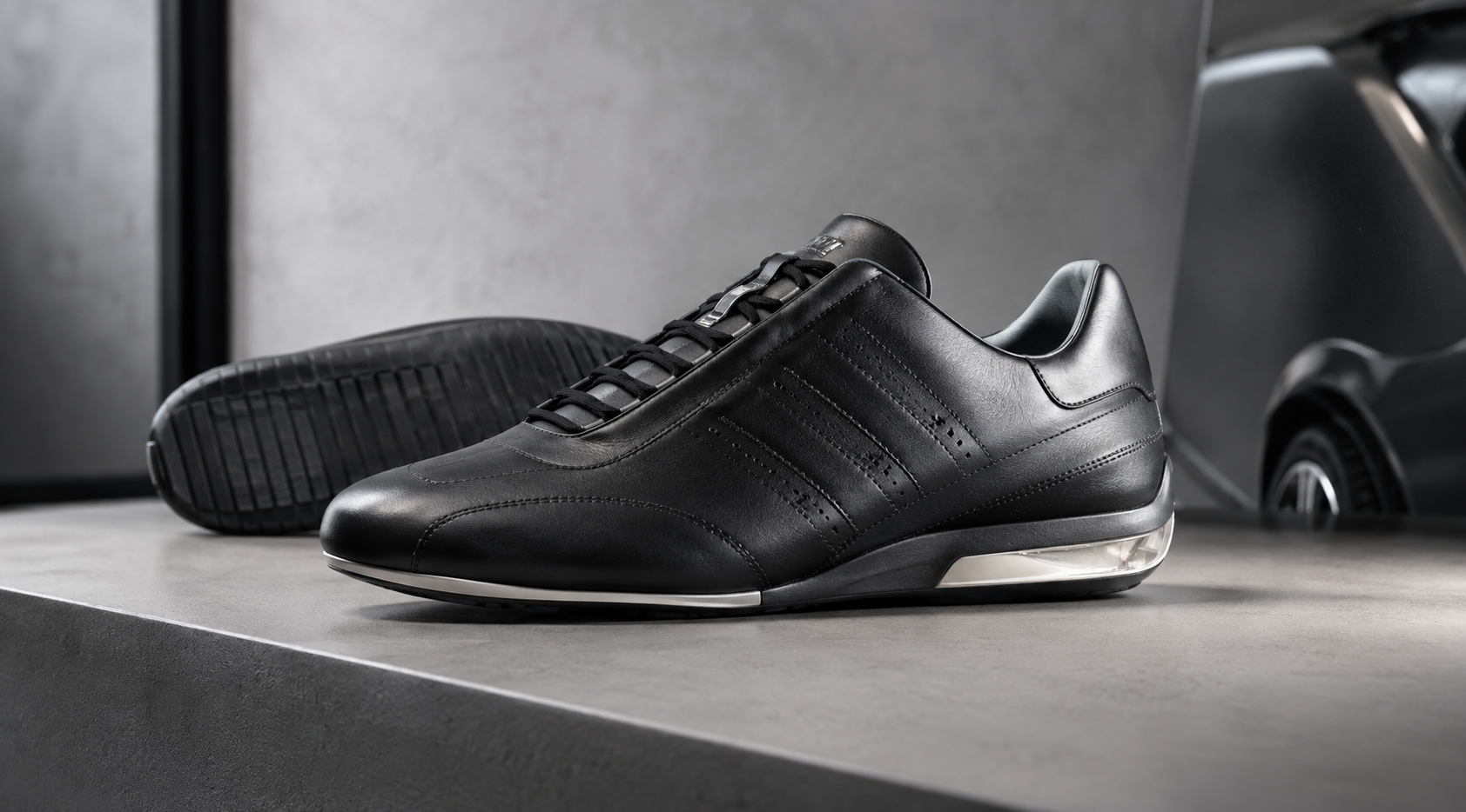 Чёрные adidas Porsche Design S3 на бетонной подставке