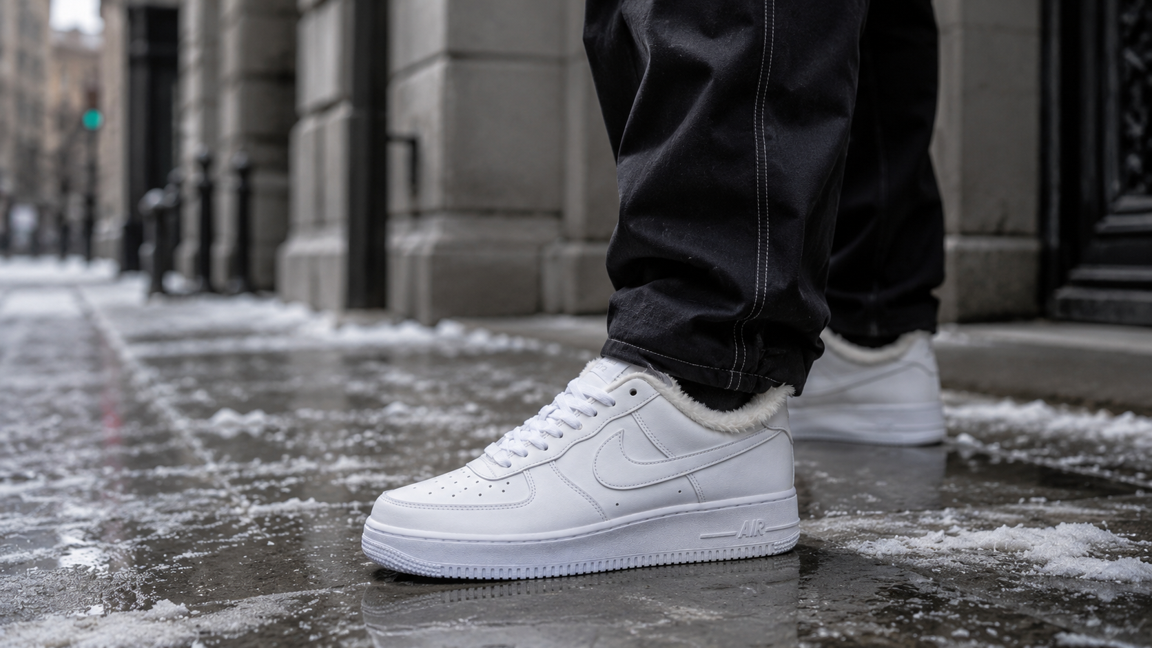 Nike Air Force 1 '07 LV8 1 на ноге в зимнем городском образе