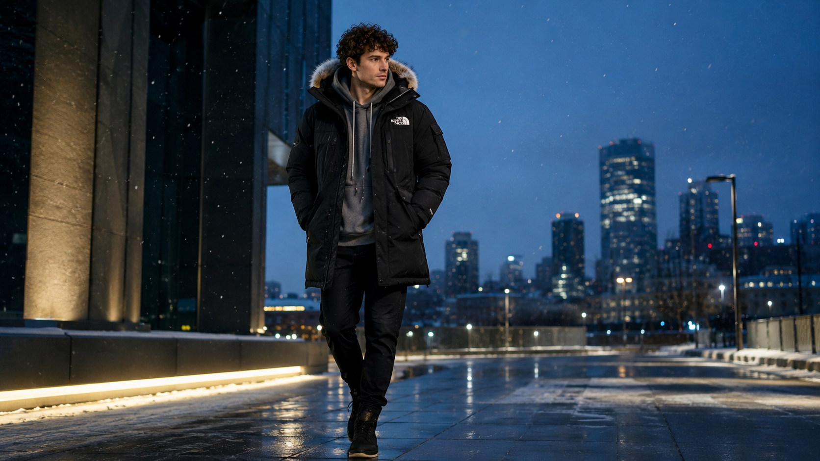 Зимняя куртка The North Face в городском зимнем сценарии