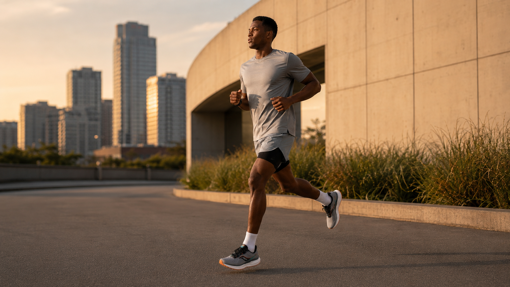 Бегун в Saucony Triumph 19 на городской дорожке