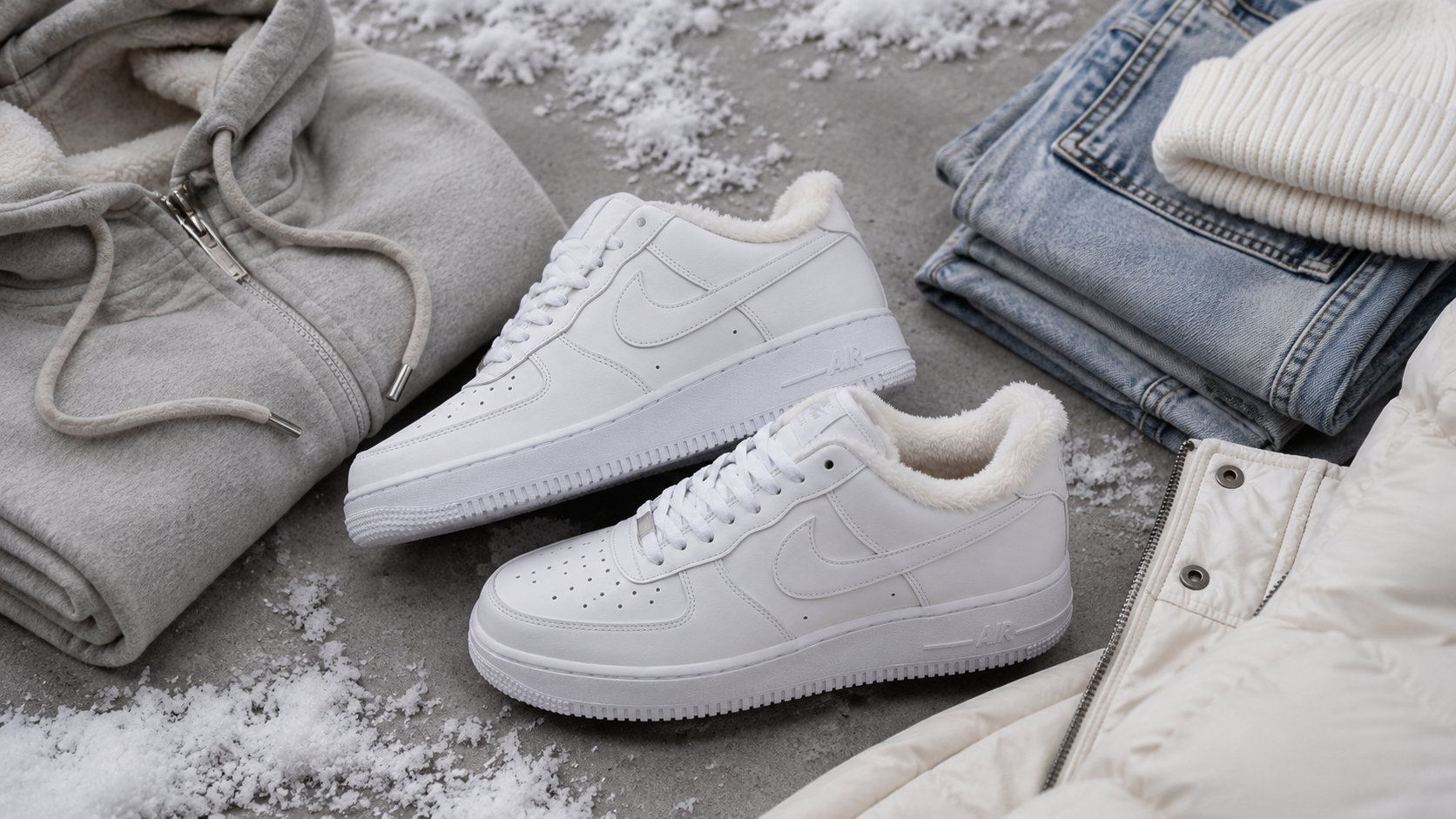 Белые Nike Air Force 1 '07 LV8 1 в зимнем повседневном образе