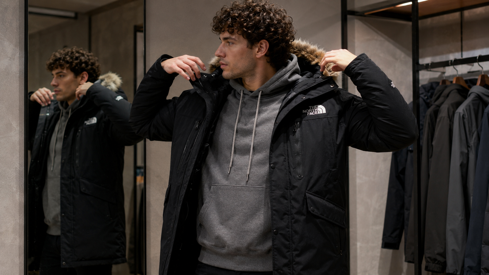 Примерка зимней куртки The North Face поверх худи