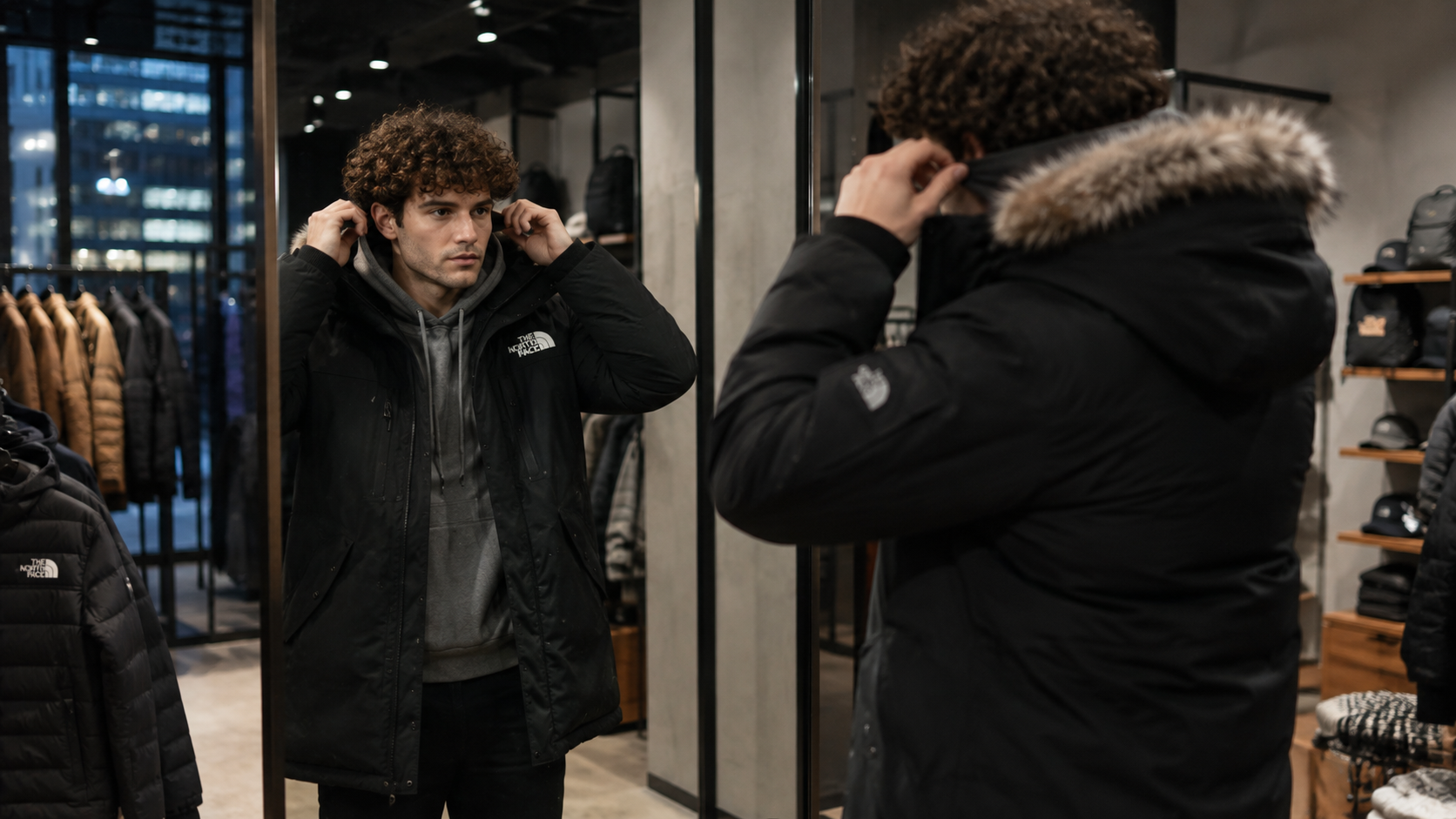 Проверка посадки зимней куртки The North Face в зеркале