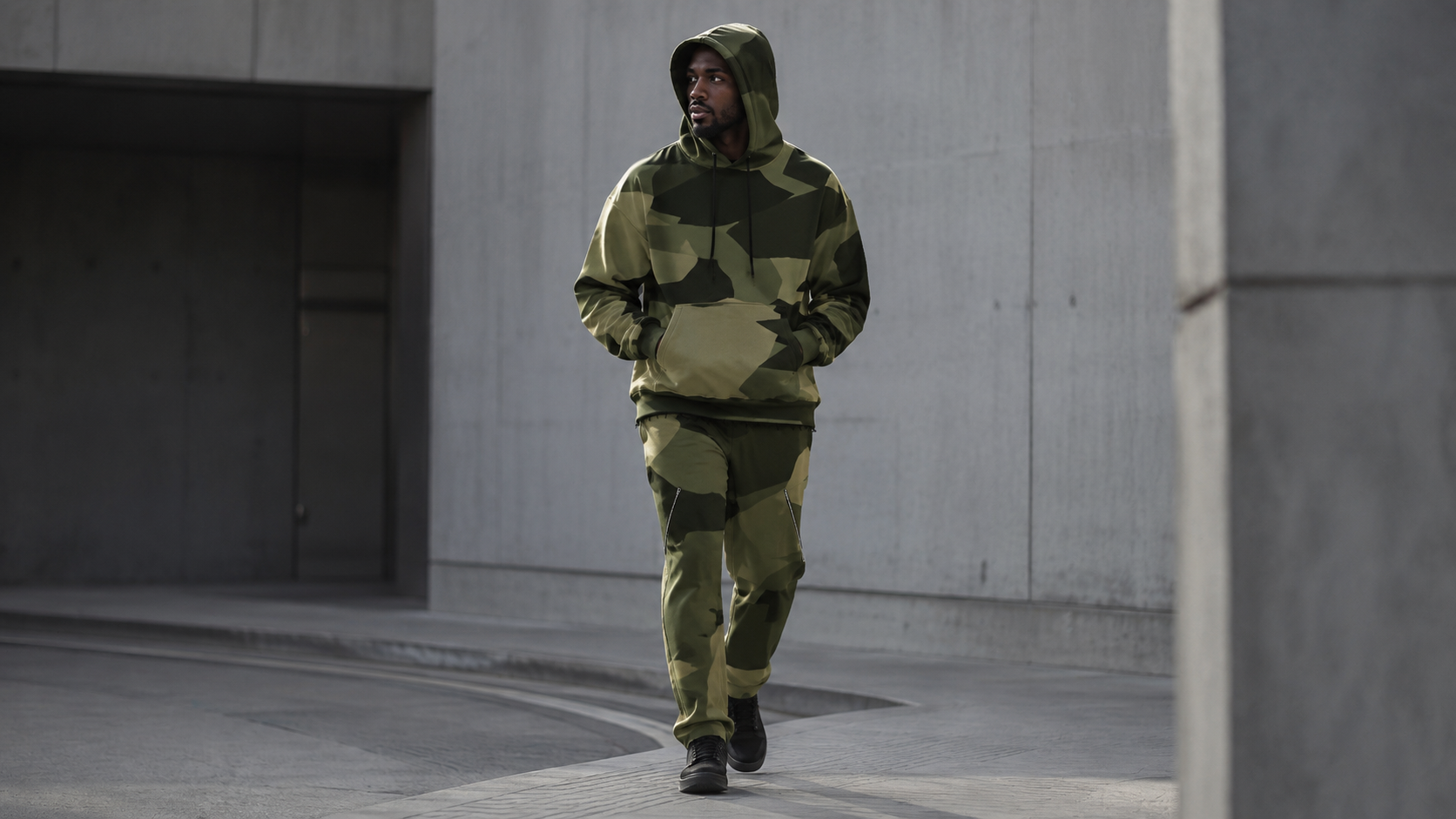 Полный streetwear-образ с камуфляжным спортивным костюмом на бетонном фоне