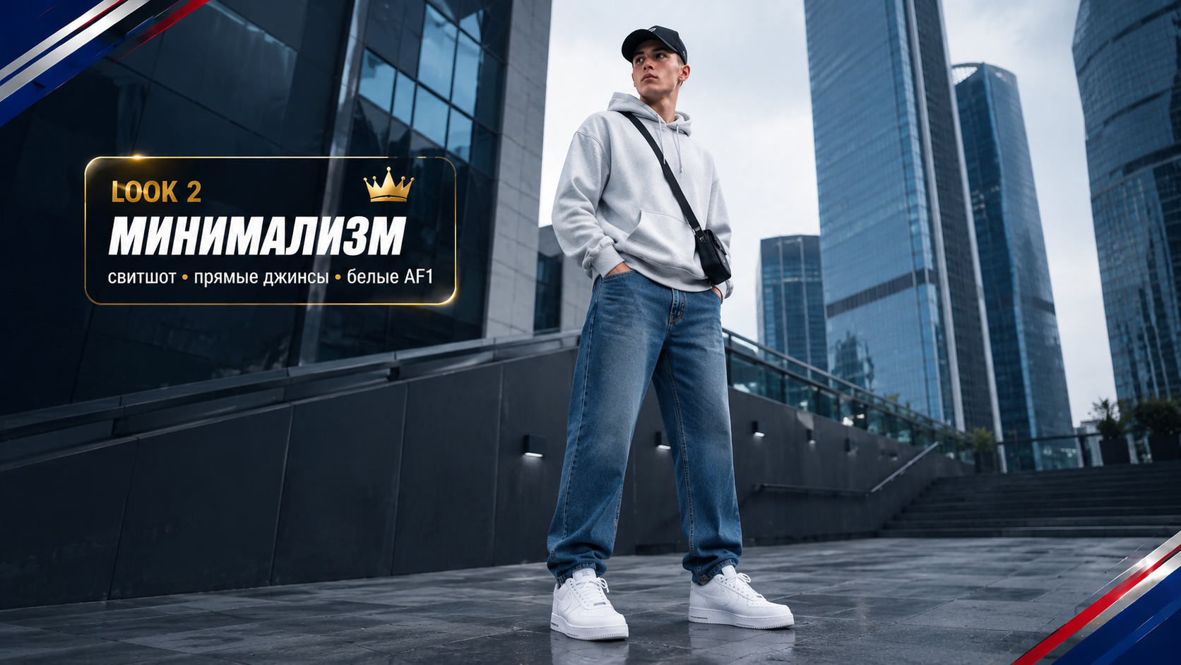 Белые Nike Air Force 1 Low со светлым свитшотом и прямыми синими джинсами