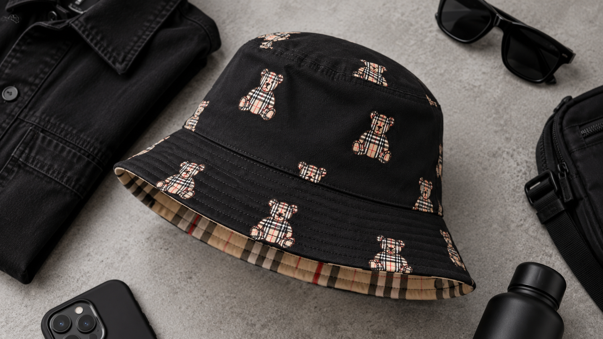 Чёрная панама Burberry арт. 42138 с паттерном и контрастной клеткой