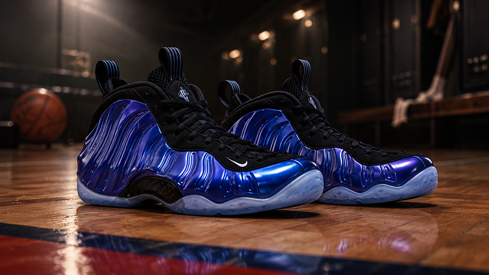 Nike Air Foamposite One на баскетбольном паркете в атмосфере конца 1990-х